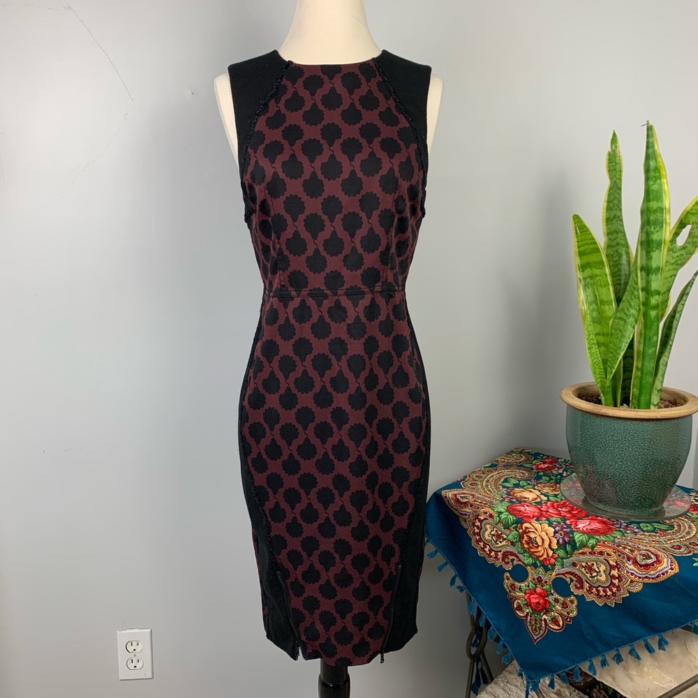 RACHEL Rachel Roy Black and Burgundy Patterned Sheath Dress